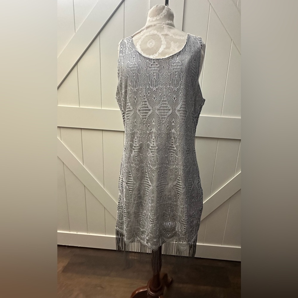 Venus, extra large, lace, overlay, fringe, hem, silver metallic dress